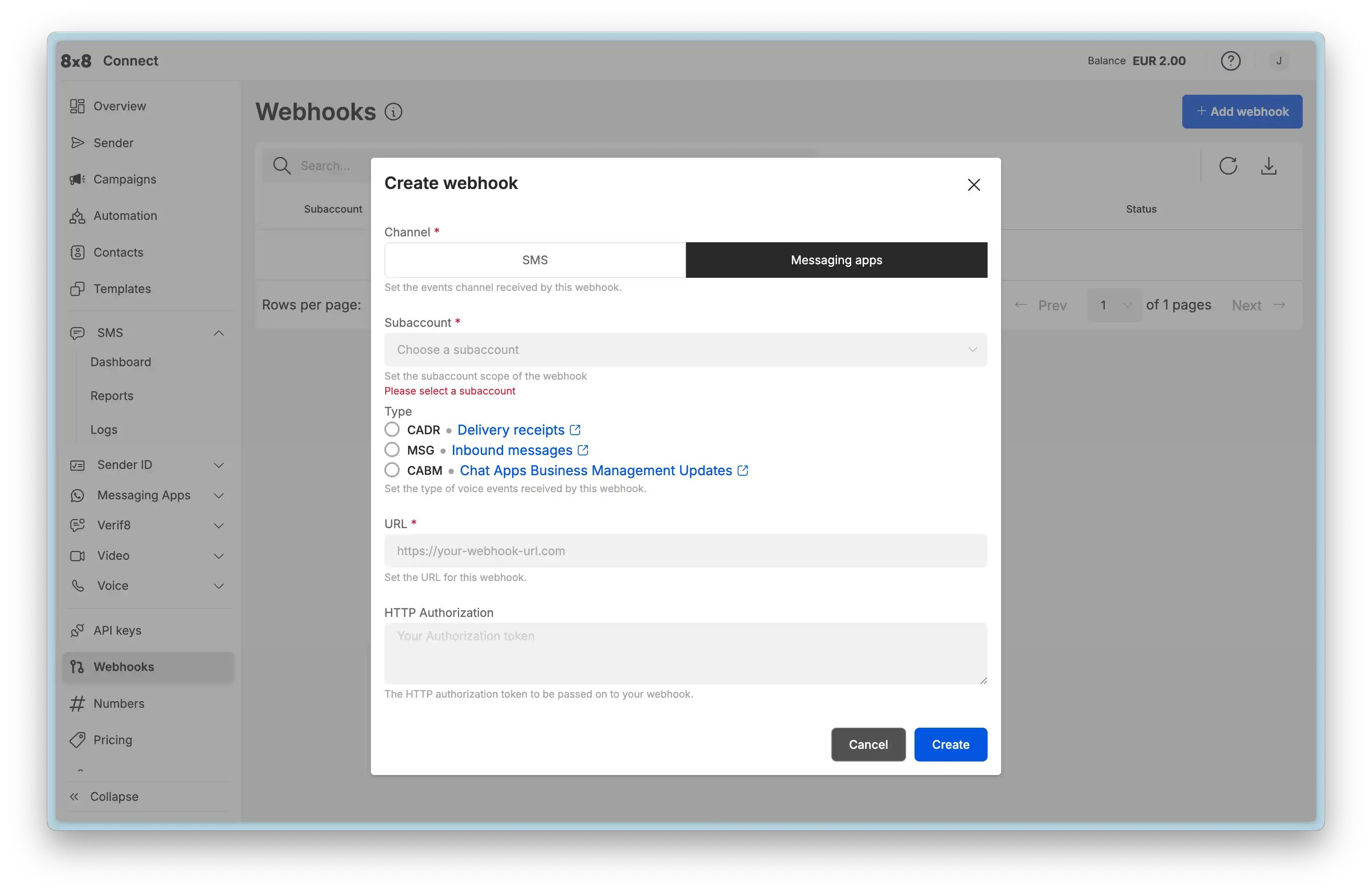 8x8 Connect Webhook Configuration